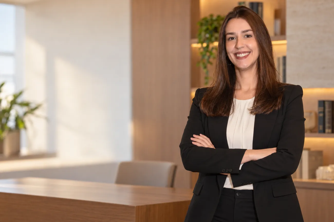 Marina Spina de braços cruzados em seu escritório